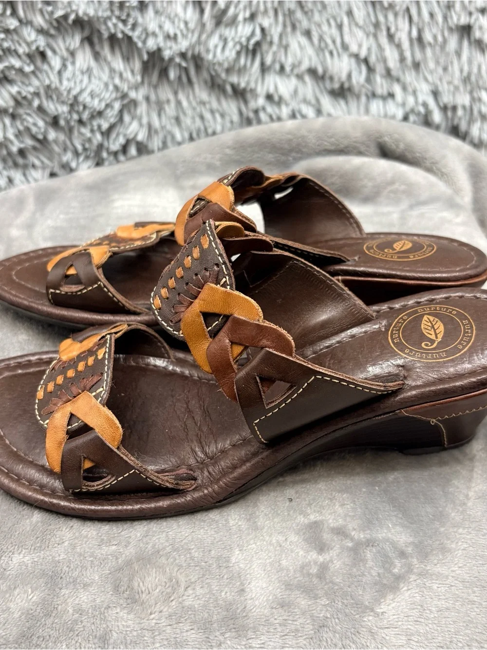 Nurture Lamaze Wedge Sandals Womens 8 Brown Leather Brazil Slide Braided